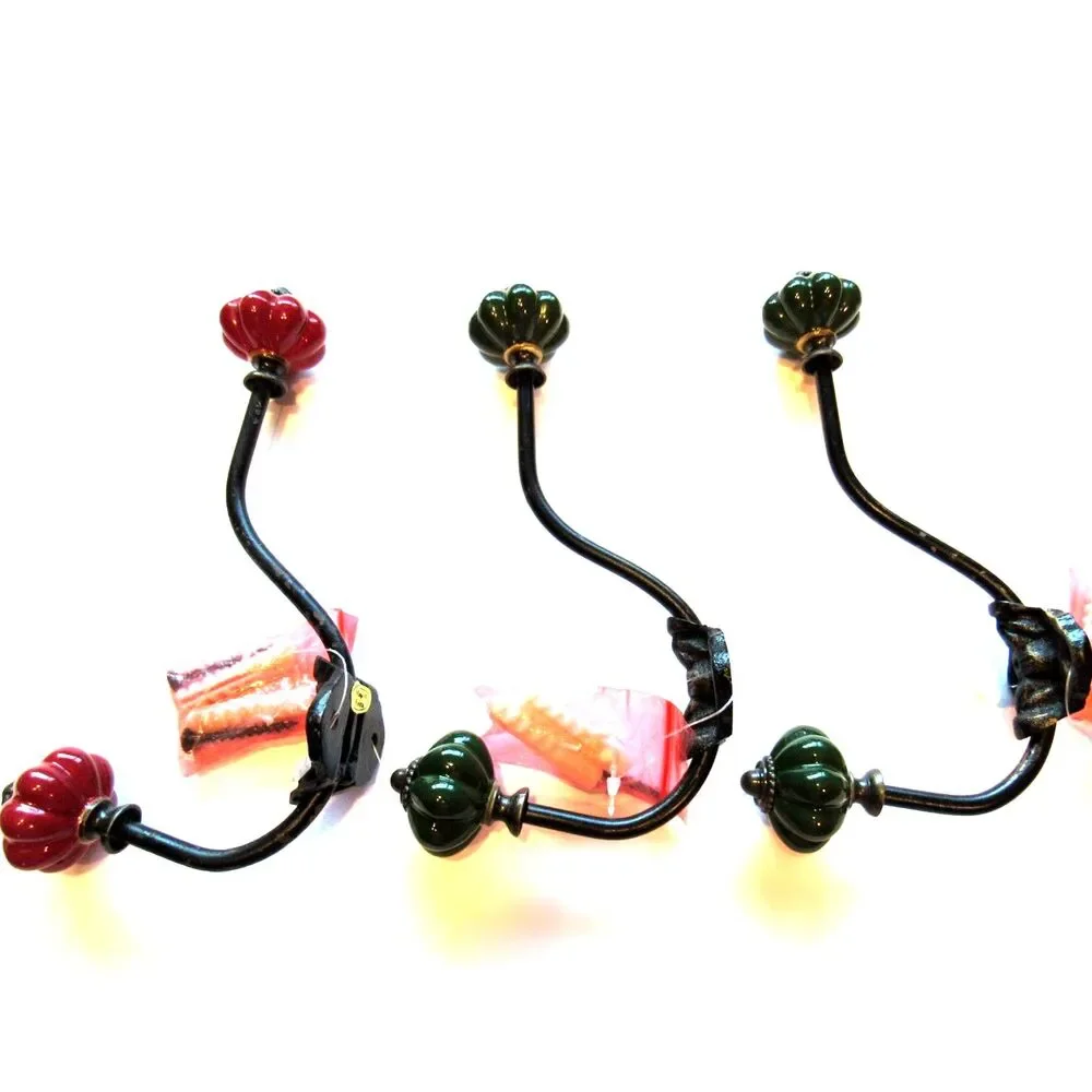 Metal hangers 3 wall hooks beautiful design green red melon ceramic knob 6-3/4in
